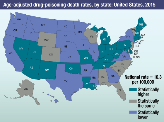 Map displaying age-adjusted drug-poisoning death rates by state in the United States for 2015.