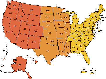 Picture of the United States of America. Click on a state to view that data or click on the individual state links below.