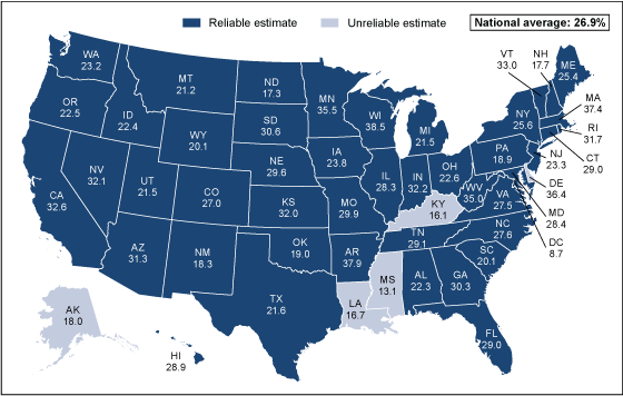 Figure 3 is a map showing the percentage of physicians planning to join incentive programs who had electronic health records capable of supporting 13 Stage 1 Core Set objectives by state for 2012.