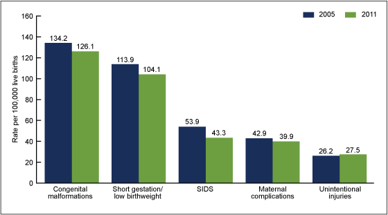 Figure 3 is a bar chart showing infant mortality rates for the five leading causes of infant death for 2005 and 2011.