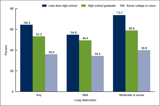 Figure 5 is a bar chart showing the percentage of adults aged 40-79 with lung obstruction who currently smoked cigarettes, by education and severity of obstruction, in the United States for 2007 through 2012.