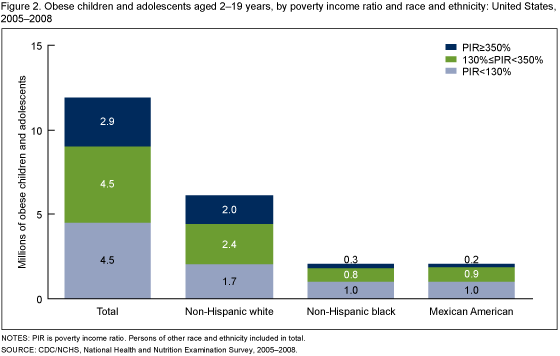 Figure 2 is a bar chart showing the number, in millions, of obese children and adolescents 2-19 years of age by race and ethnicity and poverty income ratio in the United States for the combined years 2005-2008.