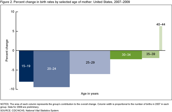 Figure 2 is a bar chart showing the percent change in birth rates by age of mother from 2007 to 2009.