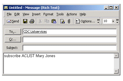 Example of email subscribing user Mary Jones. Email reads: subscribe space A C L I S T space Mary space Jones