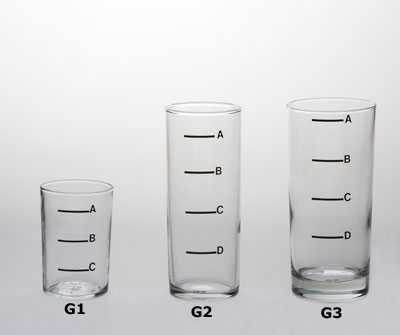 	Three glasses of varying heights and volume. From left to right: G1, G2, G3