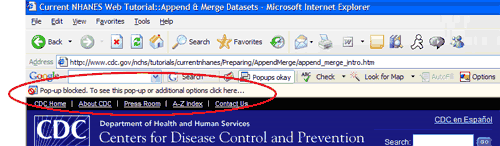 Screenshot of Internet Explorer browser window with "Pop-up blocked. To see pop-up or additional options click here..." alert box circled.