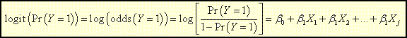 The logit of the expected value of Y sub i is equal to the log of the probability of the event divided by one minus the probability, which is a function of the intercept plus the effects of any covariates of interest.