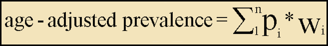 Age-adjusted prevalence equals the sum of the prevalence of the condition in the study population multiplied by the  proportion  of people in that age group in the standard population.