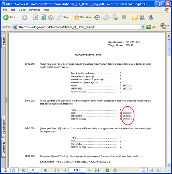 picture of skip pattern from Blood Pressure Questionnaire code