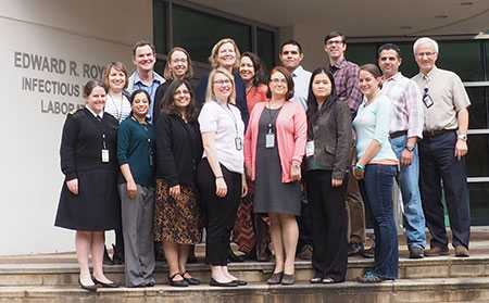 Photograph shows the first recipients of the Arnold S. Monto Award for Exceptional Contribution to the Understanding of Influenza Epidemiology and Prevention. Fiona Havers, Swathi Thaker, Sue Reynolds, Jessie Chung, Larisa Gubareva, Ha Nguyen, Michelle Adamczyk, Sarah Spencer, Brendan Flannery, Angie Campbell, Alicia Fry, Jill Ferdinands, Juan De La Cruz, Anton Chesnokov, Anwar Issa Abd Elal, Vasiliy Mishin.