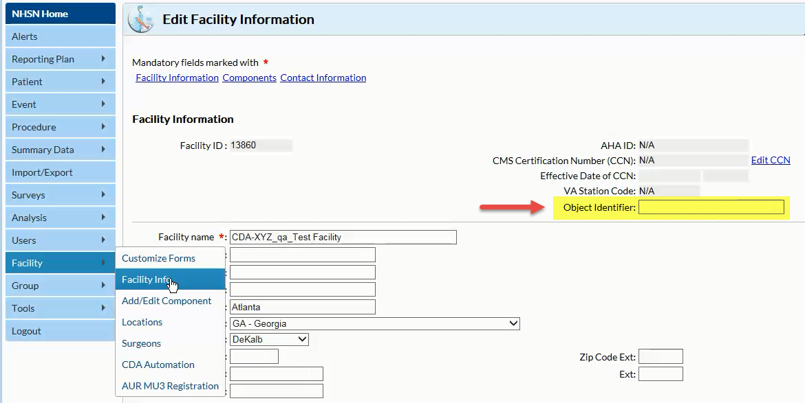 Screenshot for entering assigned facility OID