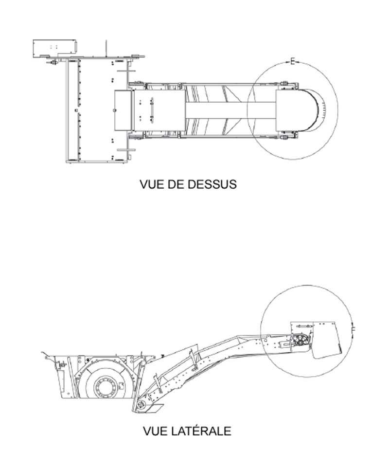 	Vue latérale du convoyeur primaire, zone de transfert entourée (détail F). 