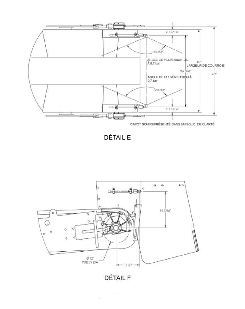 	Pulvérisation d’eau : détail F de la zone de transfert du convoyeur, avec dimensions 