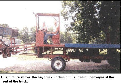 image shows the 
hay truck including the load coveyor at the front of the truck