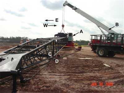 crane after hydraulic crane lifted the boom section off the victim. Shows victim and crane operator locations at time of incident. 