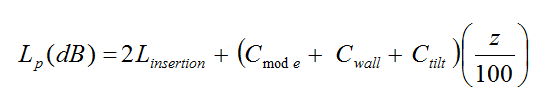 Equation 11 - The line-of-sight path loss L sub p in dB equals 2 times L sub insertion loss plus the quantity open bracket C sub mode plus C sub wall plus C sub tilt close bracket times open bracket distance z divided by 100 close bracket.