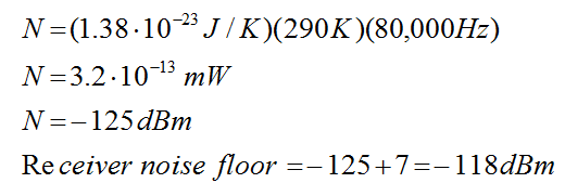 Equation 3 - This set of equations shows an example of how to calculate the receiver thermal noise floor. It is equal to the Boltzman constant 1.38 times 10 to the exponent negative 23 times 290 degrees Kelvin (the temperature T) times the channel bandwidth B 80,000 kilohertz.  N then equals 3.2 times 10 to the exponent negative 13 milliwatts. Next convert this N value in milliwatts to N expressed in dB. The receiver thermal noise floor equals negative 125 dBm plus a noise factor of 7 dB which equals negative 118 dBm.