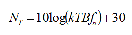 Equation B22 - The receiver’s effective input thermal noise power N sub T equals 10 times the logarithm of open bracket Boltzmann’s constant times the temperature T in degrees Kelvin (typically 290 degrees) times the bandwidth B of the IF stage in hertz times the receiver’s noise factor f sub n close bracket plus 30.