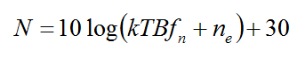 Equation B23 - The receiver’s effective input thermal noise power N including any external noise equals 10 times the logarithm of open bracket Boltzmann’s constant times the temperature T in degrees Kelvin (typically 290 degrees) times the bandwidth B of the IF stage in hertz times the receiver’s noise factor f sub n plus the environmental noise power in the mine n sub e in watts close bracket plus 30.