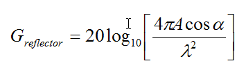 Equation B31 - For a passive reflector the passive reflector gain G sub reflector equals 20 times the logarithm of open bracket 4 times pi times the reflector area A in square meters times the cosine of one-half the included angle alpha  of the reflection in degrees divided by the wavelength lamda of the frequency squared close bracket.