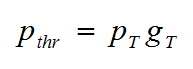 Equation B39 - The transmitter’s threshold power p sub thr in watts equals the effective output power of the transmitter p sub T in watts times the maximum far-field transmitter antenna gain g sub T.