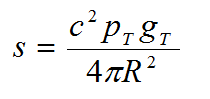 Equation B41 - The average power density s in  watts per square meter equals open bracket a constant multiplier c squared times the transmitter power p sub T times the far-field transmit antenna gain g sub T close bracket divided by open bracket 4 times pi times the distance from the antenna to the point of interest R squared close bracket.