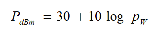 Equation B2 - The power P sub dBm in dBm equals 30 plus the quantity 10 times logarithm of p sub W in watts.