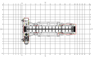 Top view drawing of the flight conveyor. Note: The red line shows the location of the wire loop antenna positioned around the conveyor