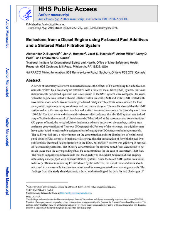 Cover sheet for Emissions from a Diesel Engine using Fe-based Fuel Additives and a Sintered Metal Filtration System