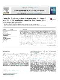 Cover page for The effects of operator position, pallet orientation, and palletizing condition on low back loads in manual bag palletizing operations