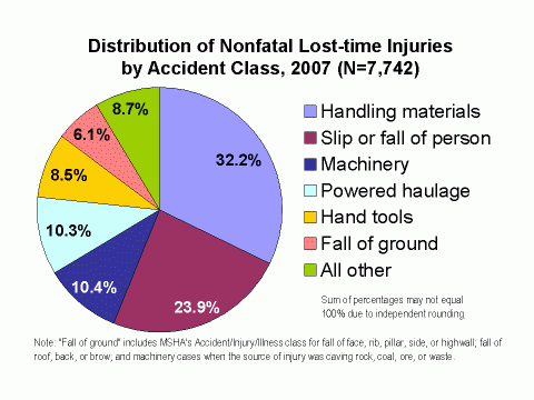 Chart of the distribution of nonfatal lost-time injuries by accident class, 2007 (see data table below)