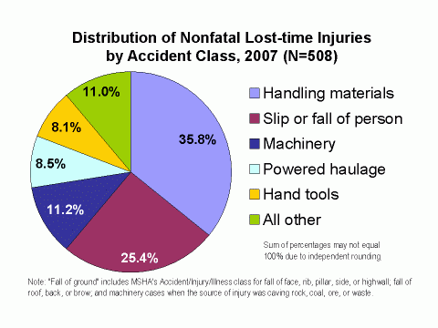 Chart of the distribution of nonfatal lost-time injuries by accident class, 2007 (see data table below)