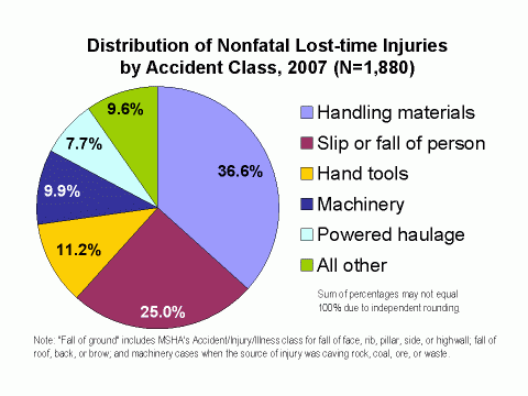 Chart of the distribution of nonfatal lost-time injuries by accident class, 2007 (see data table below)