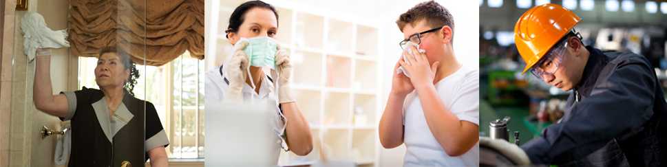 woman cleaning, woman with mask boy with tissue, man in manufacture plant