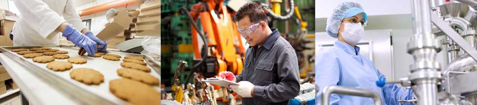 	Woman baking cookies, a man in a manufacture plant, a woman in a manufacture plant