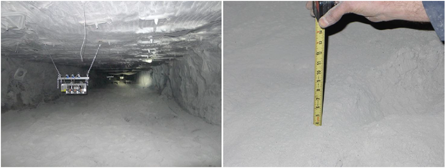 two images, one of rock dust deposits in a mine, the other of a worker measuring the depth of rock dust deposits.