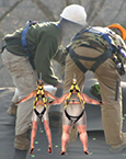 Workers use fall-arrest harnesses during a roofing job.