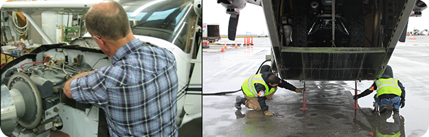 	Mechanic works on aircraft engine, workers place tail stands under aircraft in preparation for loading.