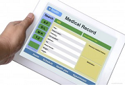 A tablet computer displays a mock template for a partial patient medical record including the patient’s work information.