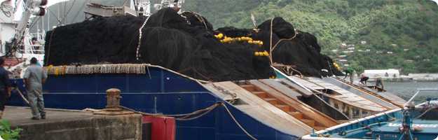 	An image of the rear deck of a tuna purse net vessel with nets stacked preparing to leave the dock.