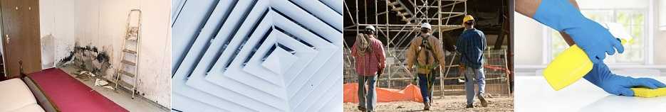 	Banner image: mold, vent, construction workers, hands cleaning a counter top