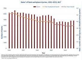 In 2015, the rate of fatal workplace injuries was highest among workers employed in all private industry at 3.6 per 100,000 workers. In the public sector, the death rate for workers in local government was highest at 2.6 and lowest for workers employed in state and federal government at 1.3.