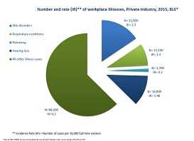 In 2015, skin disorders were reported among 21,900 workers, with an incidence rate of 2.3 cases per 10,000 full-time workers. Hearing loss was reported among 16,800 workers, with an incidence rate of 1.98 cases per 10,000 full-time workers.  Respiratory conditions were reported among 12,100 workers, with an incidence rate of 1.3 cases per 10,000 full-time workers.  Poisonings were reported among 1,700 workers, with an incidence rate of 0.2 cases per 10,000 full-time workers.  There were 88,000 illnesses classified as 