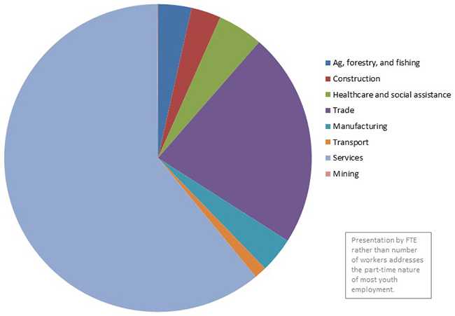 This graph shows the distribution of employed youth FTEs ages 16 - 17 by industry sector in the United States for the time period 2015.