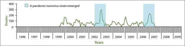 link to larger image for Figure 1A. Data from 1999–2007 show the number of U.S. deaths for norovirus-related illness is consistently higher during winter months. Deaths from norovirus were highest in winter of 2002–2003 and 2006–2007 when a new norovirus strain emerged.