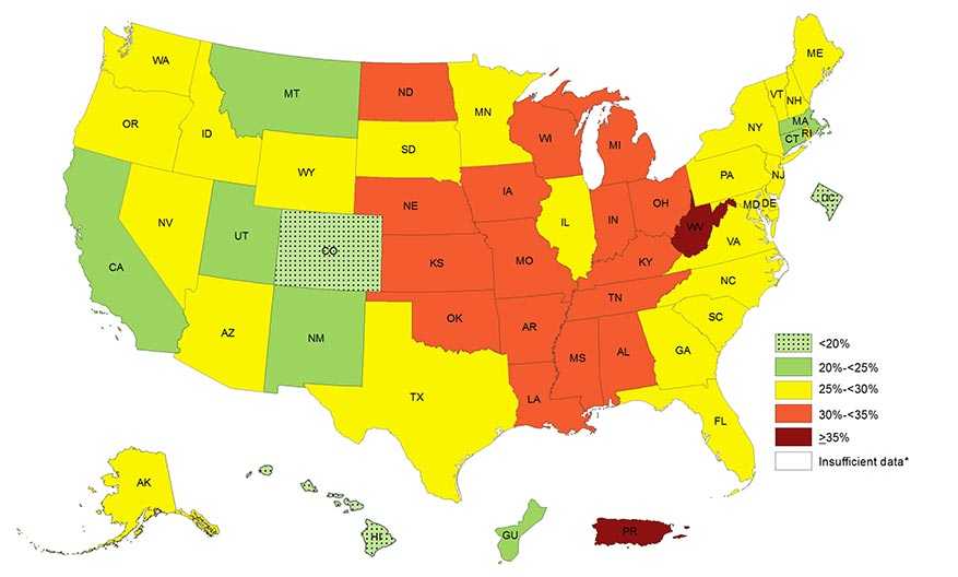 Prevalence of Self-Reported Obesity Among Non-Hispanic Black Adults by State and Territory, BRFSS, 2014-2016. Map details in table below.