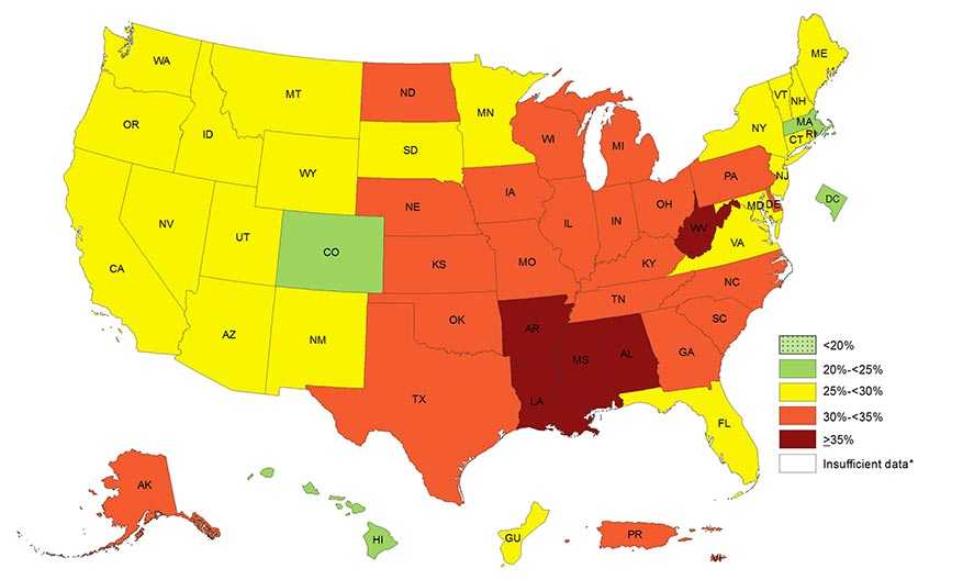 Prevalence of Self-Reported Obesity Among U.S. Adults by State and Territory, BRFSS, 2016. Map details in table below.