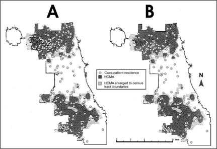 Maps have shading to indicate locations of HCMAs and dots to indicate case-patient residences.