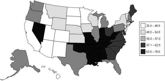 Area map shows mortality rates delineated by color for each state.