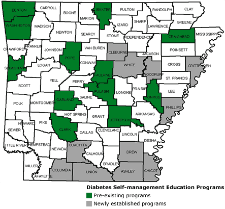 Map of Arkansas with program counties highlighted